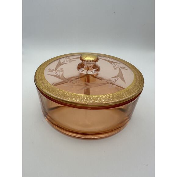 Pink Depression Glass 3 Section Gilt and Etched Top Dressing Table Box RARE! - Picture 2 of 8